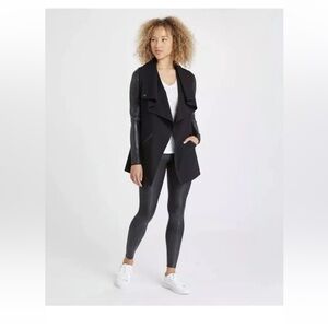 New with Tags Spanx fleece & faux leather long wrap jacket for women Med Black